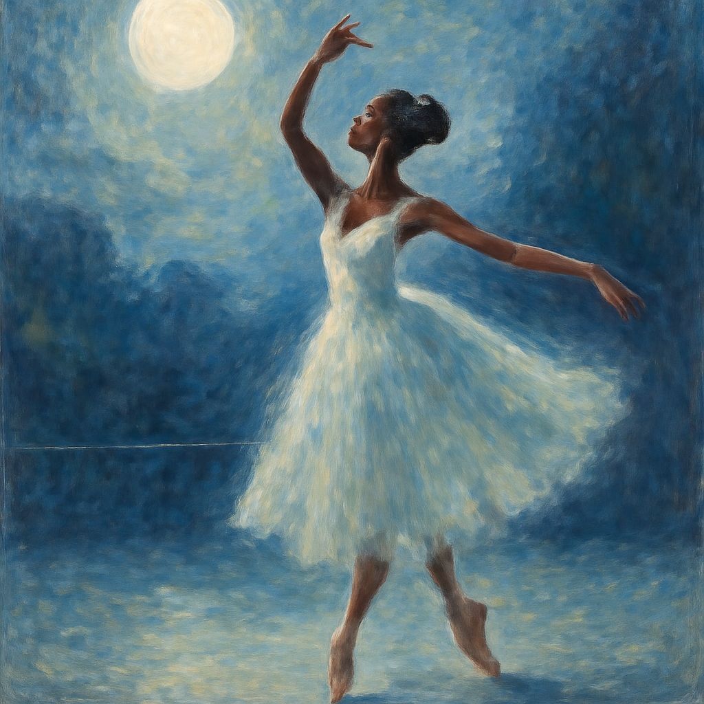 Graceful Ballerina Dances on Moonlit Stage in Impressionisti...