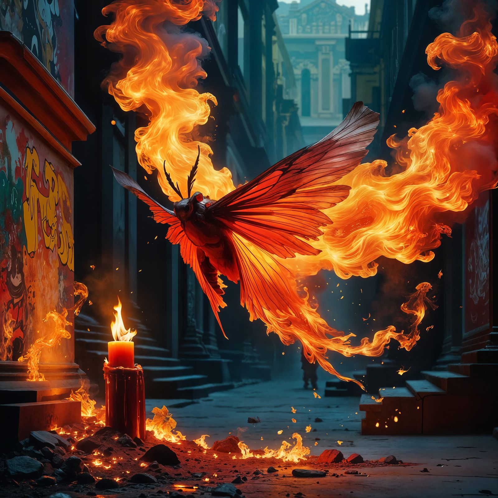 Moth of Blazing Flame in Vibrant Graffiti Art