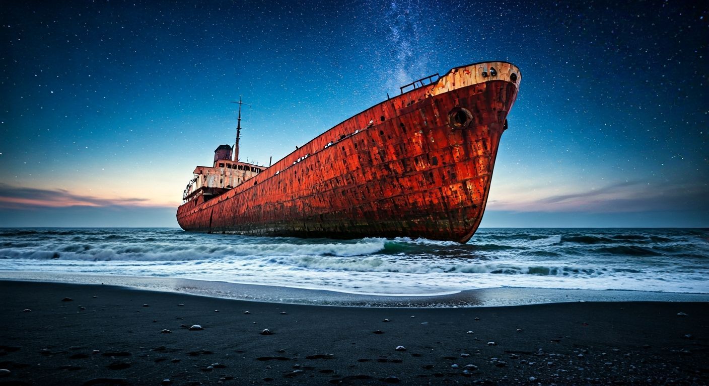 Starry Night Shipwreck on Black Sands