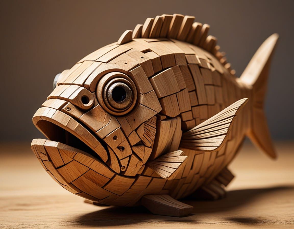 Handcrafted Wooden Piranha Sculpture Close-up