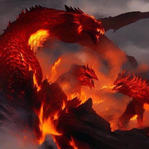 Great Red Dragon Defends Lair with Fire