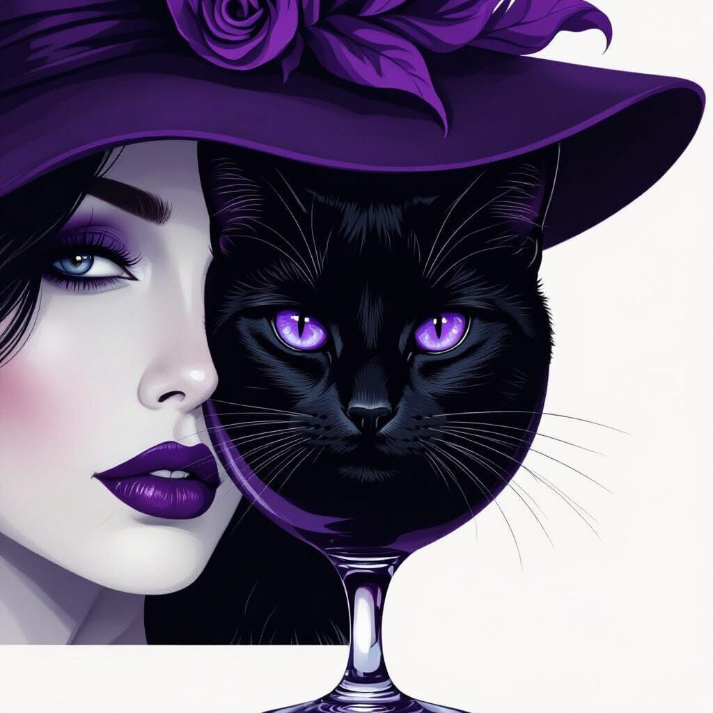 Purple and Gray Woman's Face with Black Cat, UHD