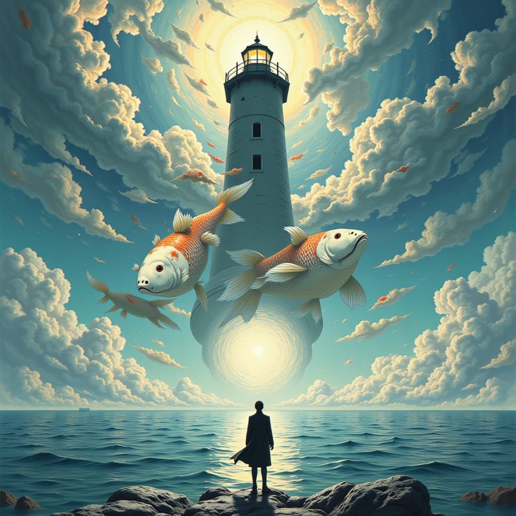 Upside-Down Lighthouse in Liminal Sky with Cloud Koi