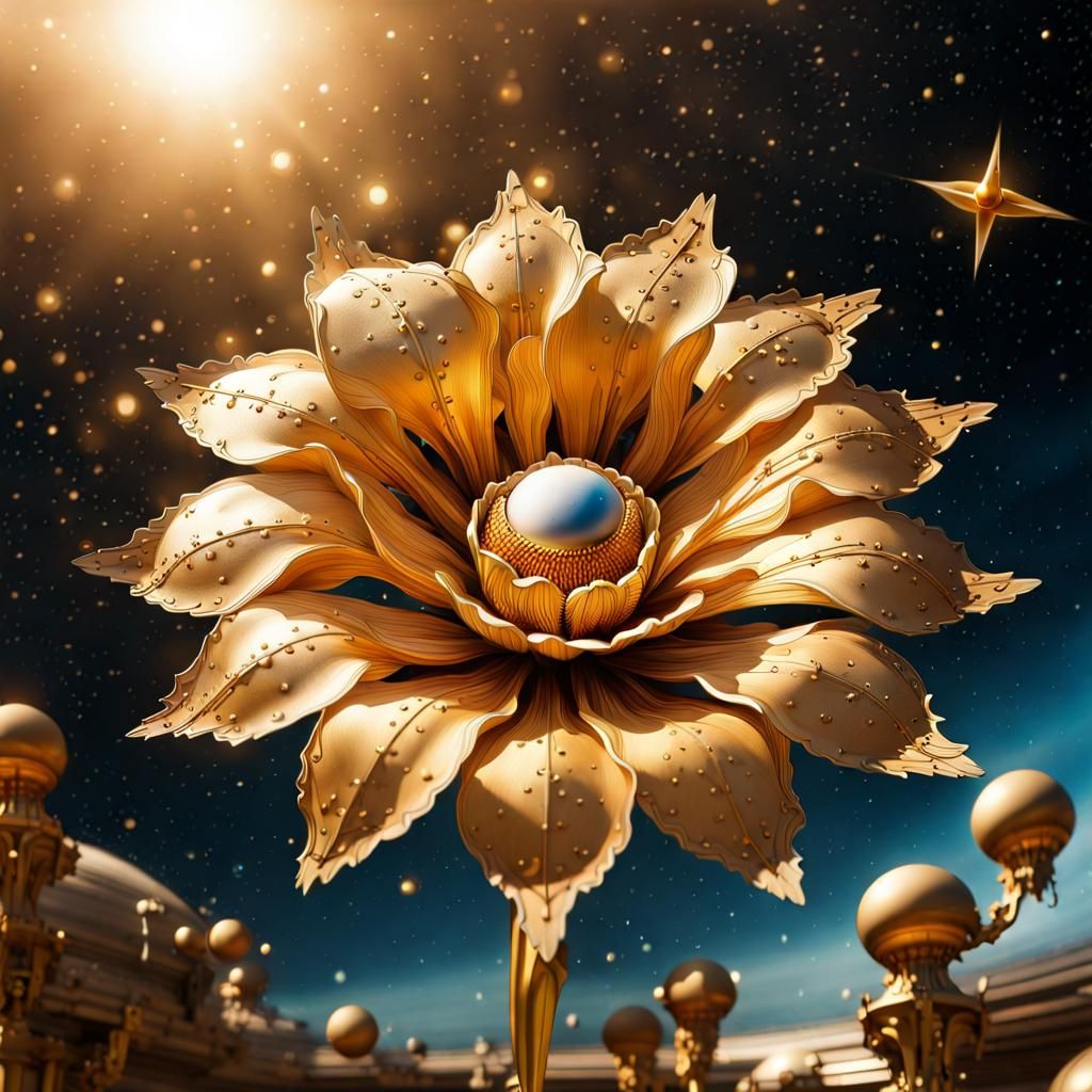 Giant metallic golden flower in space