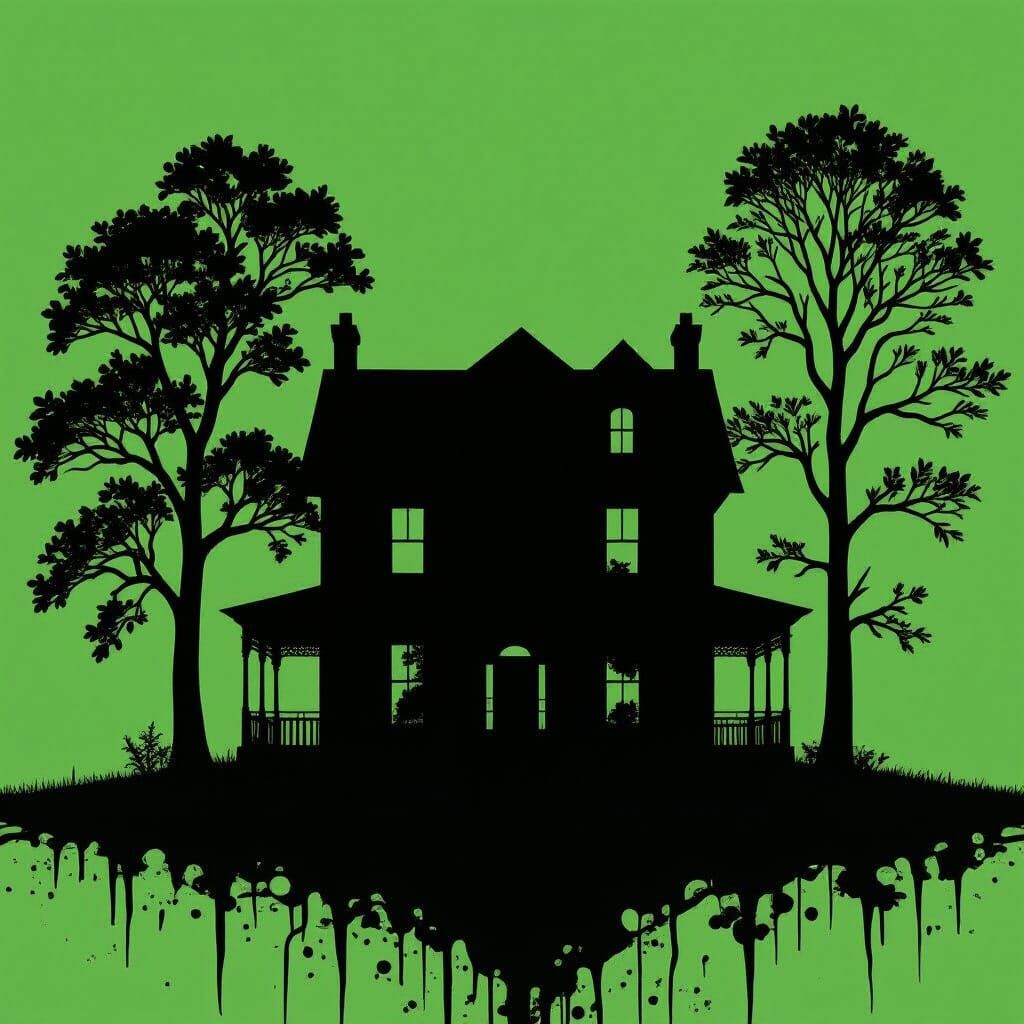 House and Trees Silhouette in Deep, Fantastical Colors