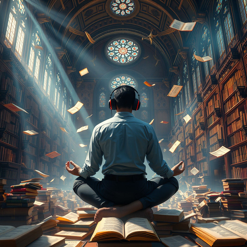 Man in Library Connected to Knowledge Network