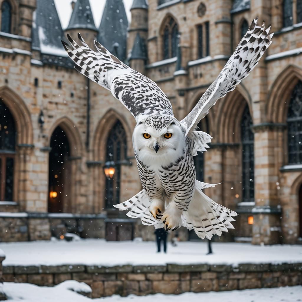 Snowy Owl Over Hogwarts in Winter