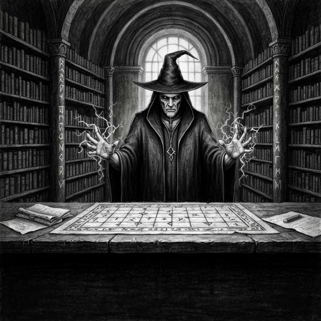 Mystical Wizard Conjuring Puzzle in Ancient Library