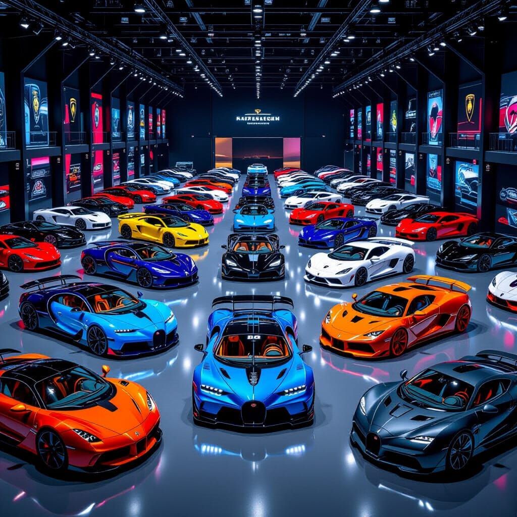Exotic Car Collection in Hyperrealistic Hall