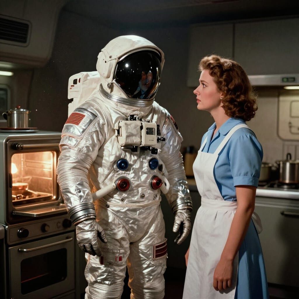 Retro Astronaut and Wife in Sci-Fi Kitchen