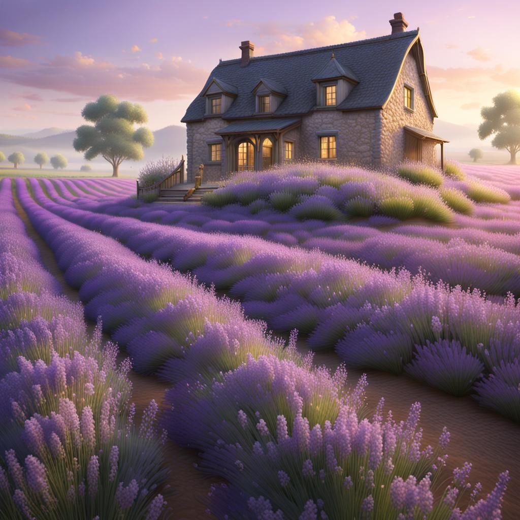 Lavender Field Farmhouse in Matte Painting Style