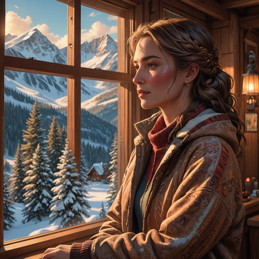 Elegant Lady in Cozy Mountain Lodge, Hyperrealistic Digital...