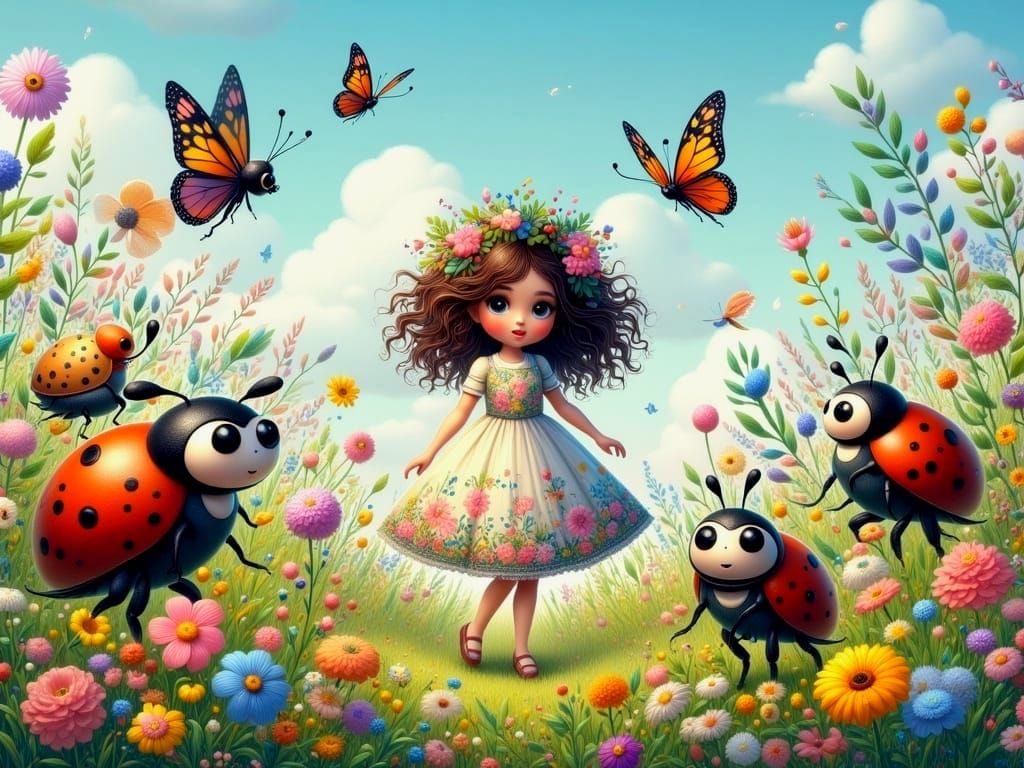 Whimsical Ladybug Adventure in a Vibrant Floral Meadow
