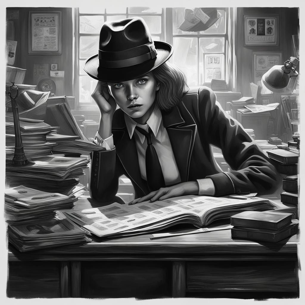 Girl Detective in Black and White Matte Painting