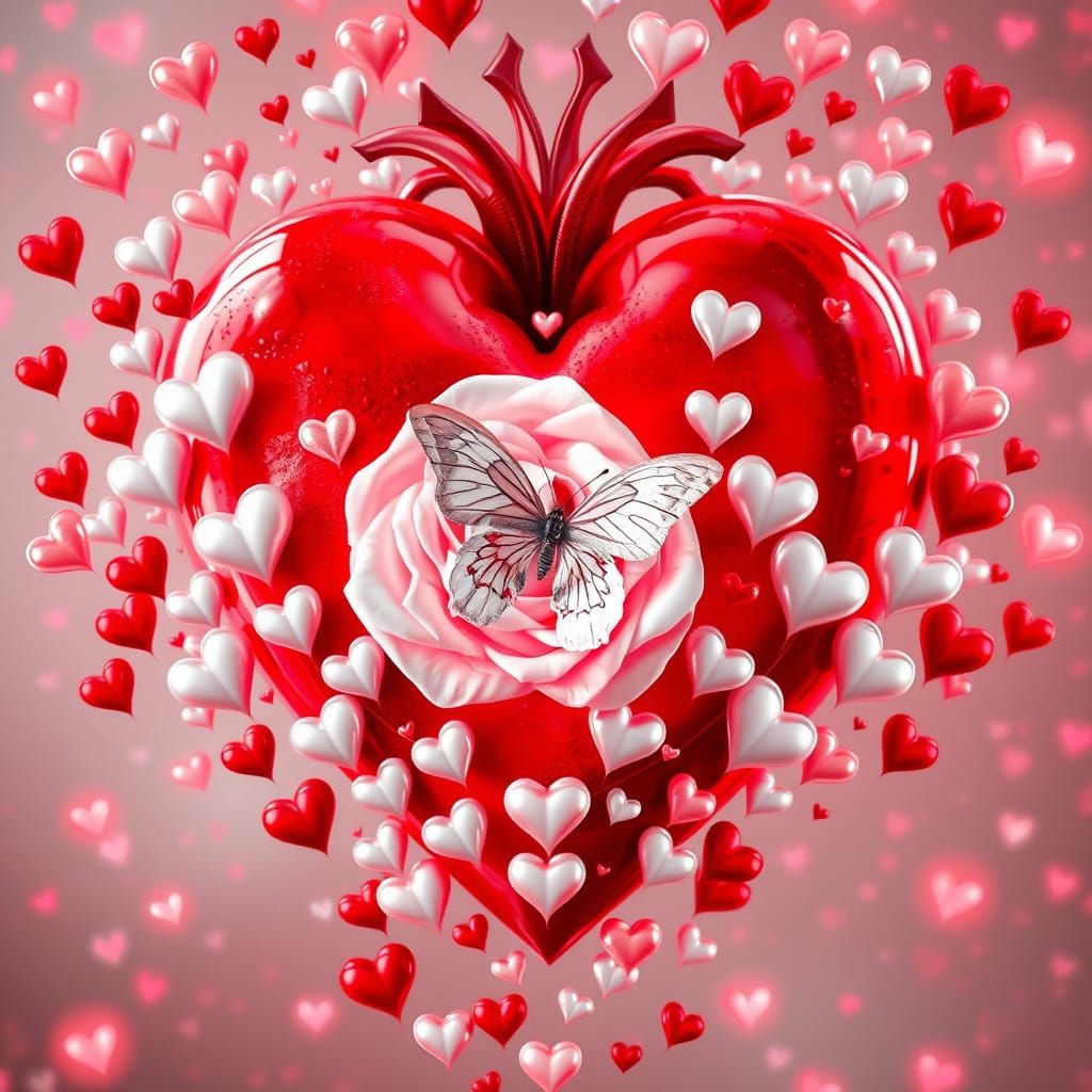 Enchanted Red Heart with Intertwined Rose and Butterfly
