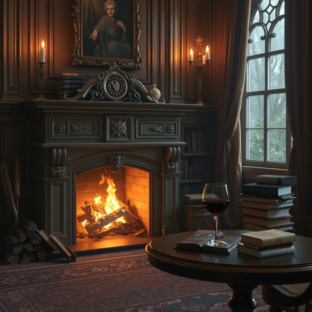 Regal Study by Fireplace in Lavish Aristocratic Splendor