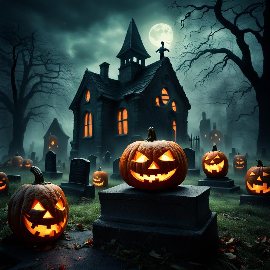 Gothic Graveyard Scene with Jack-o'-Lantern and Ghost