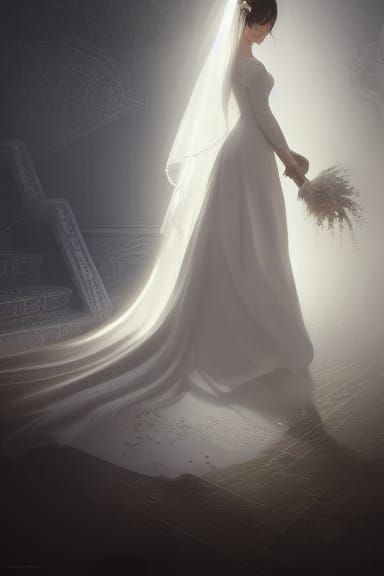 Elegant Bride in White Veil, Digital Art
