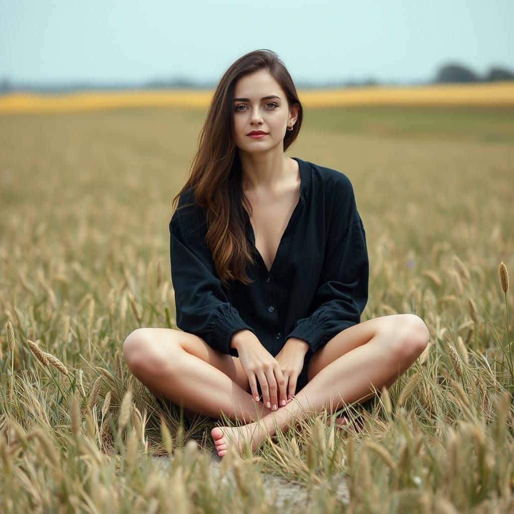 Serene Woman Amidst a Lush Fieldscape