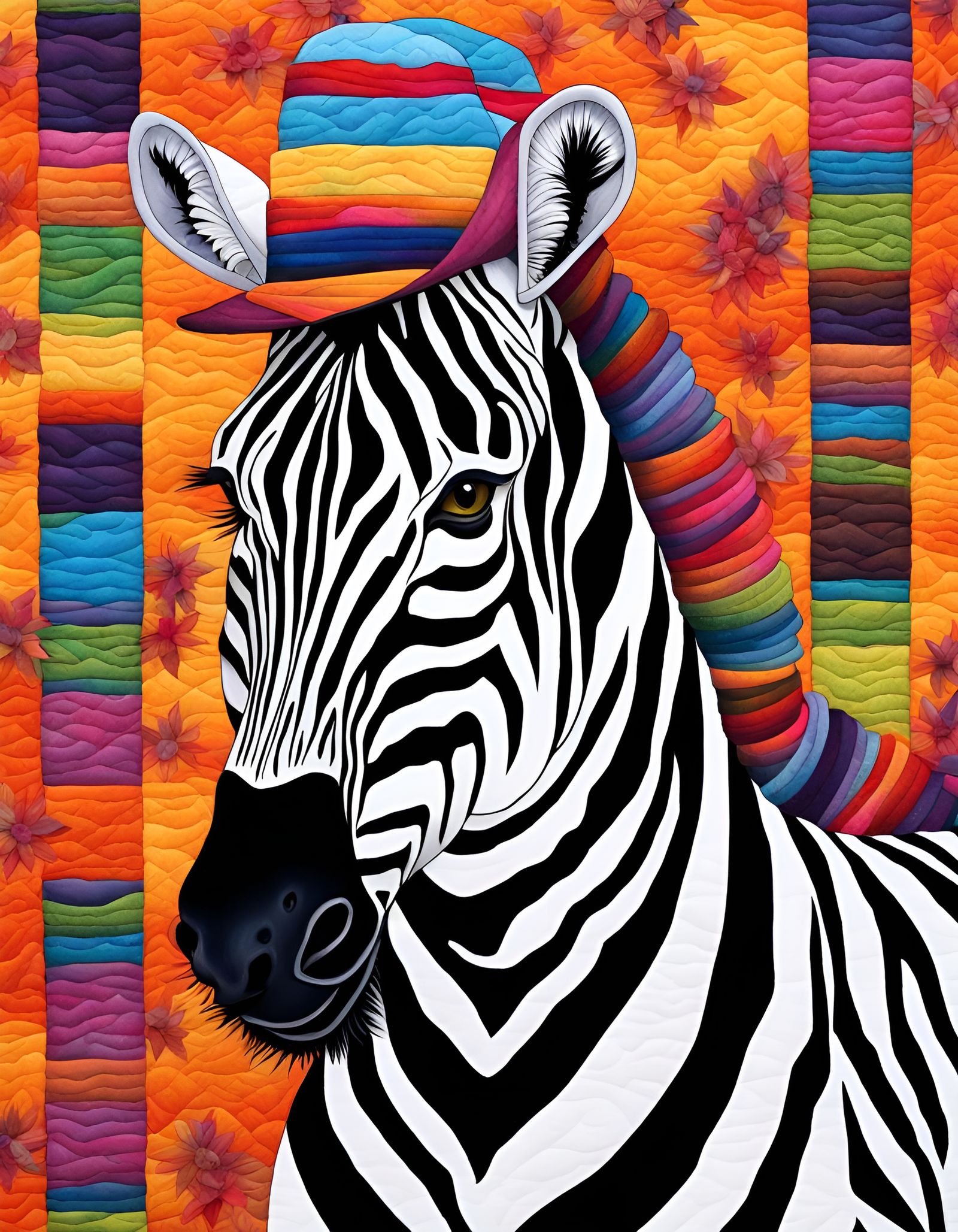 Zebra in Hat Quilt: Vivid Detailed Painting
