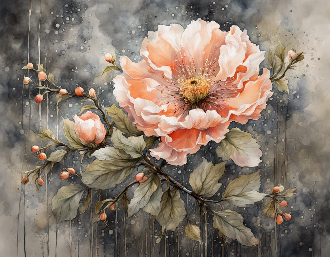 Hazy Peach Flower Blossoms with Silver Accents