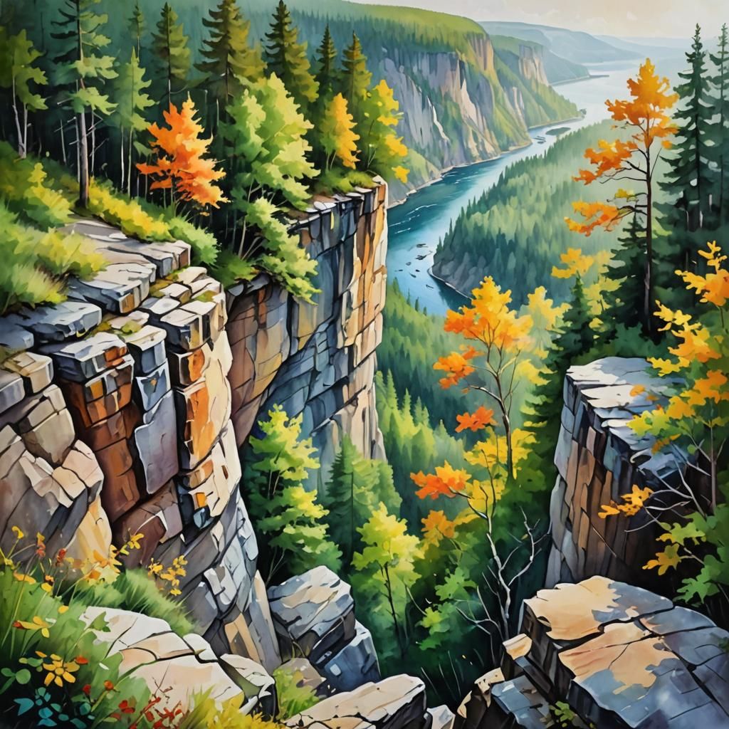 Child on Cliff: Oil and Watercolor Landscape