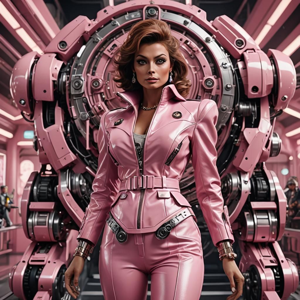 Futuristic Pink Leather Figure in Sci-Fi Scene