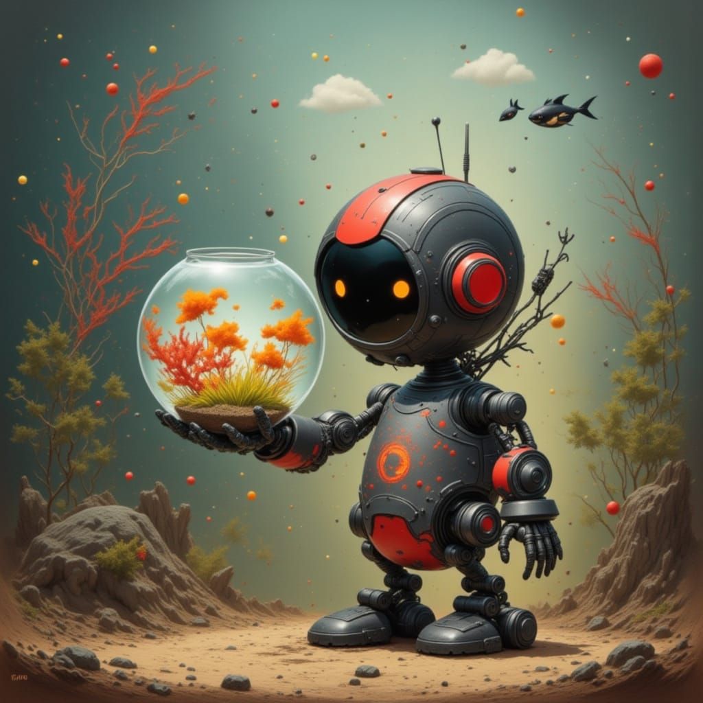 Cute Robot Holding Fishbowl with Sun LORA