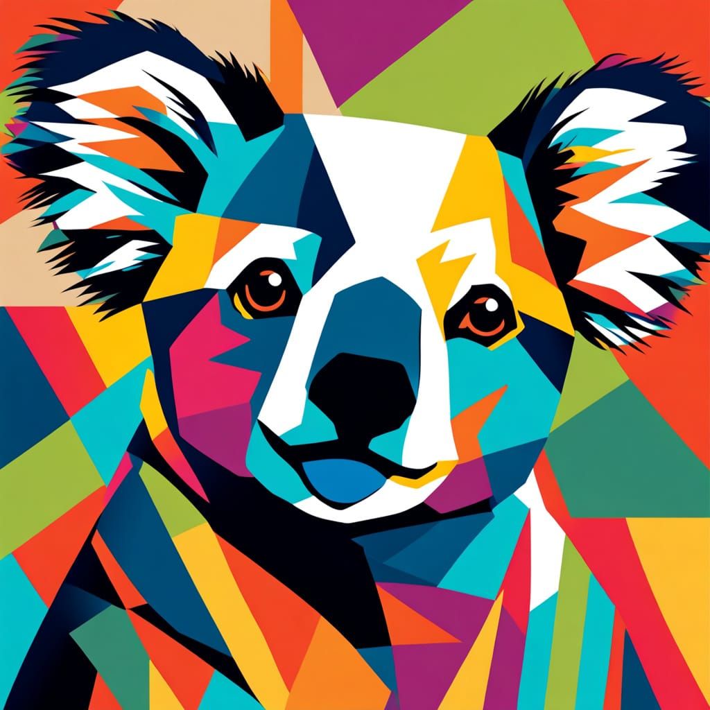 Vibrant Pop Art Koala Portrait with Geometric Stripes