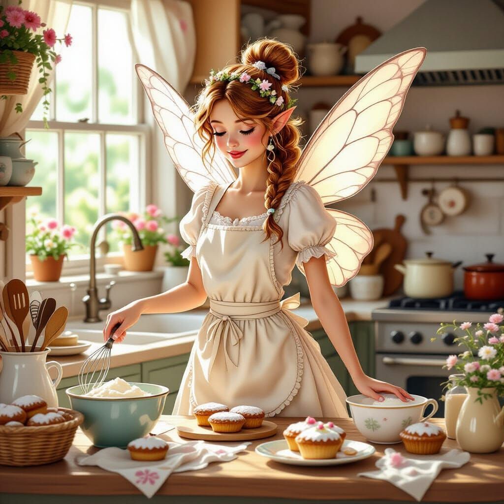 Fairy Baker in Cozy Kitchen, Whimsical Art