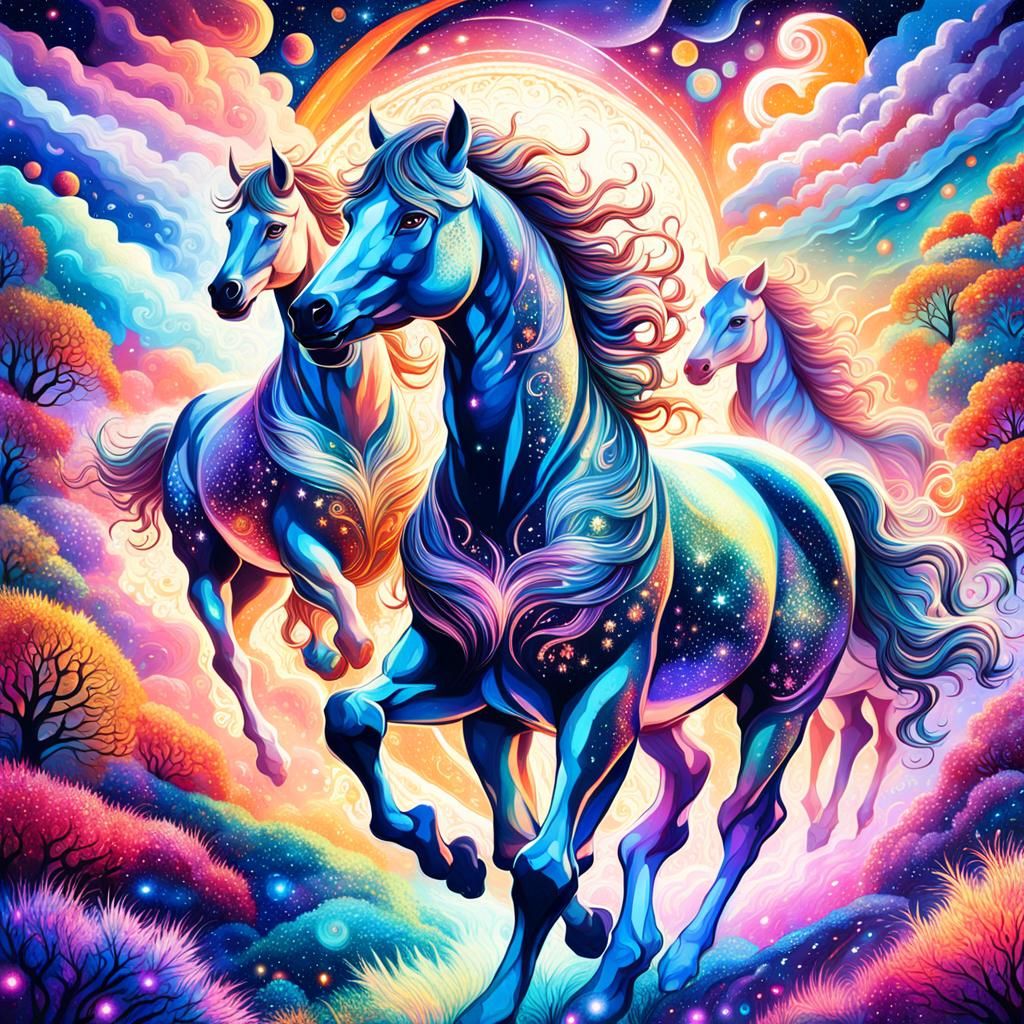 Centaurs Running Through Shimmering Cosmic Nebula