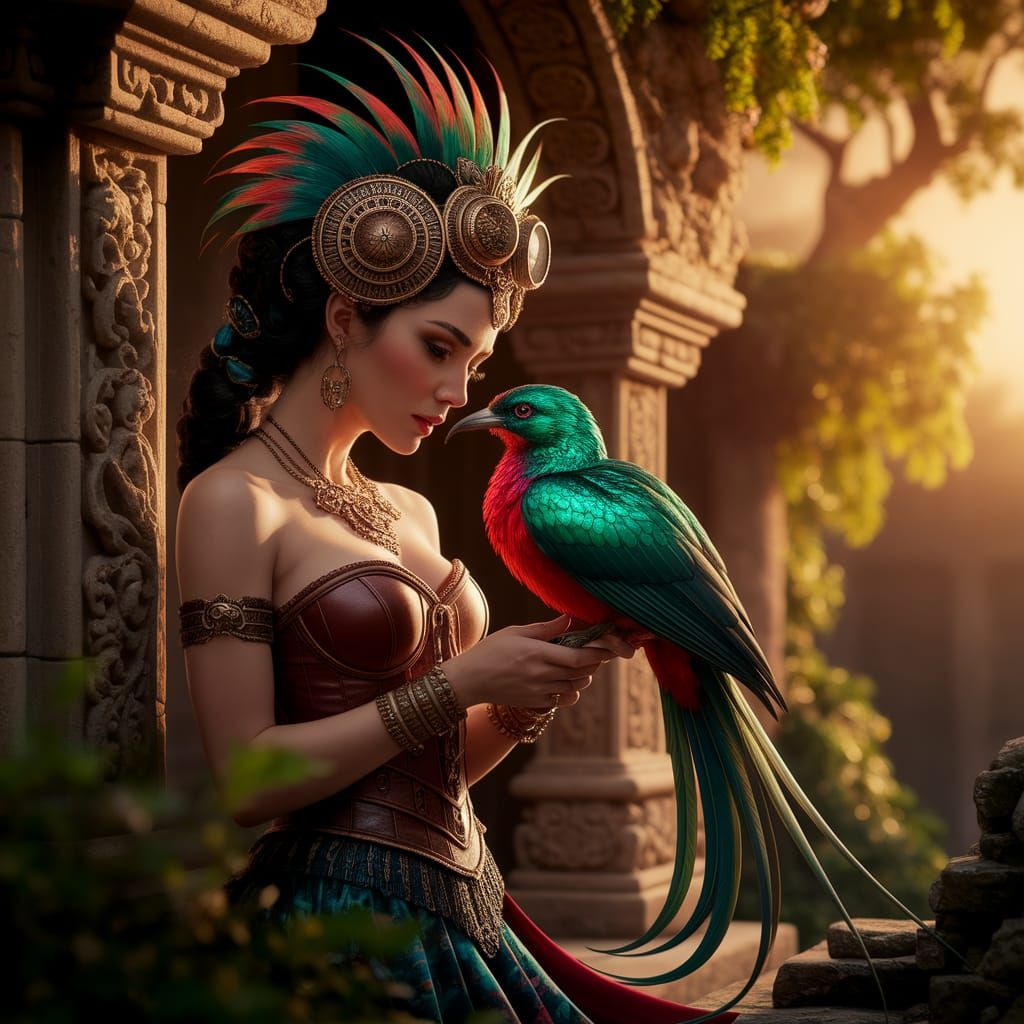 Aztec Steampunk Goddess and Resplendent Quetzal in Golden Ho...