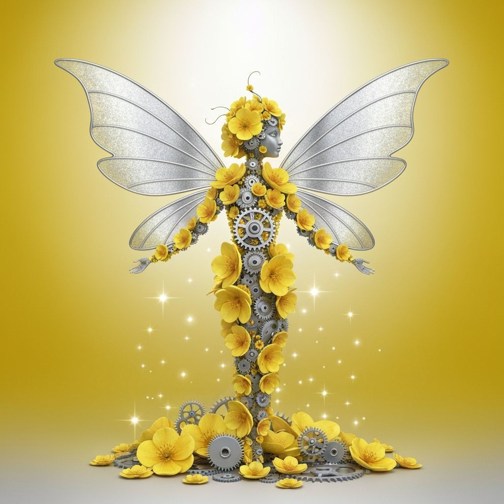 Whimsical Fairy of Flowers and Gears in Yellow and Silver