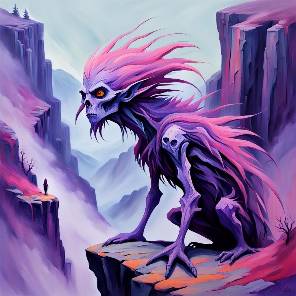 Eerie Banshee on Misty Cliff in Fauvist Style