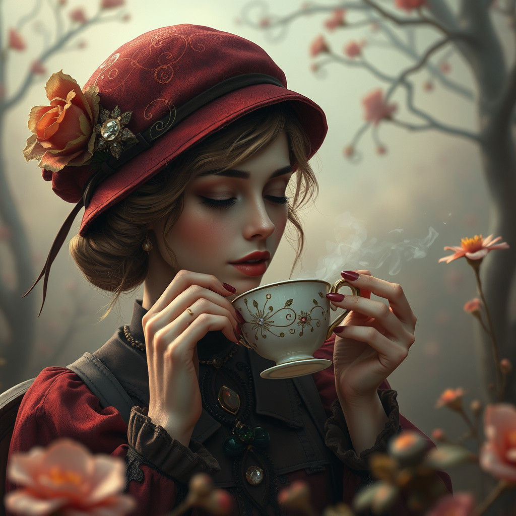Woman in Cloche Hat Sipping Tea: Matte Painting