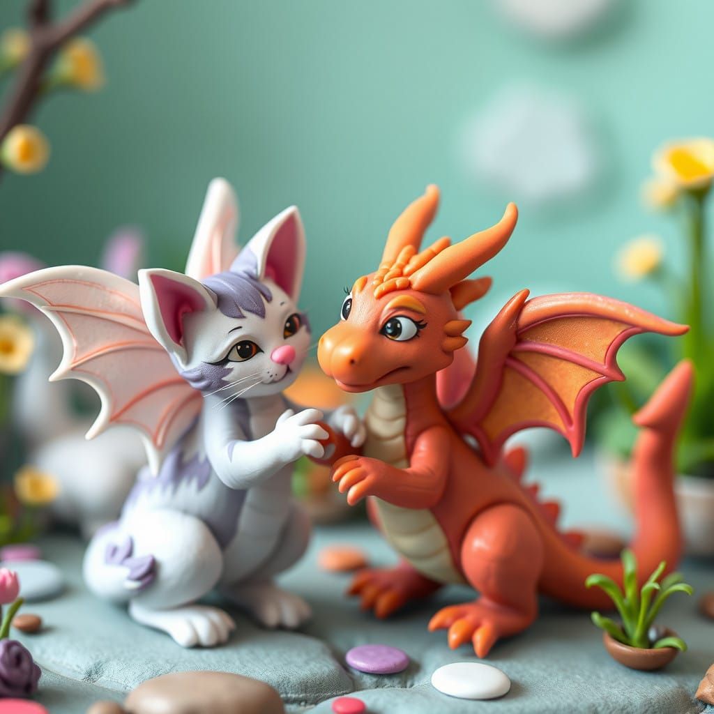 Whimsical Claymation Cats and Dragons at Play
