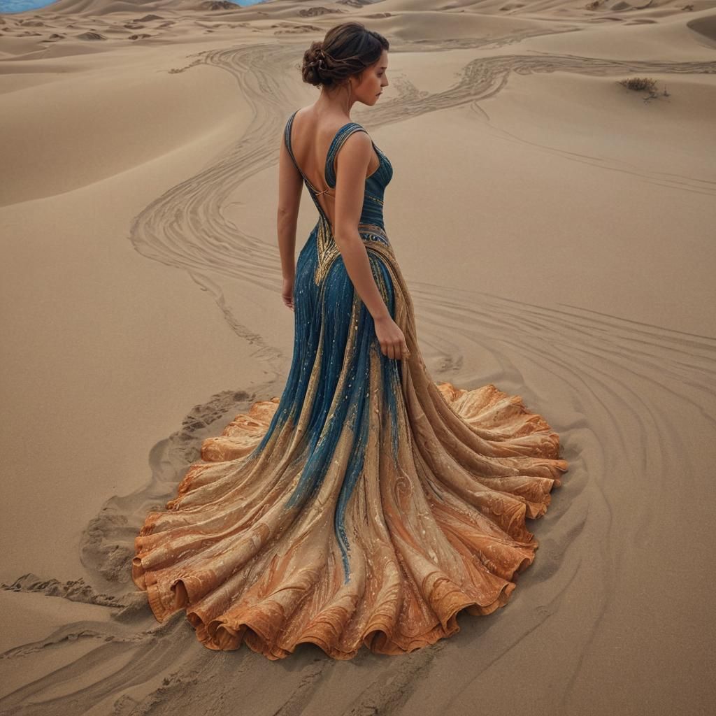 Woman in Swirling Sand Dress, Art Nouveau Style