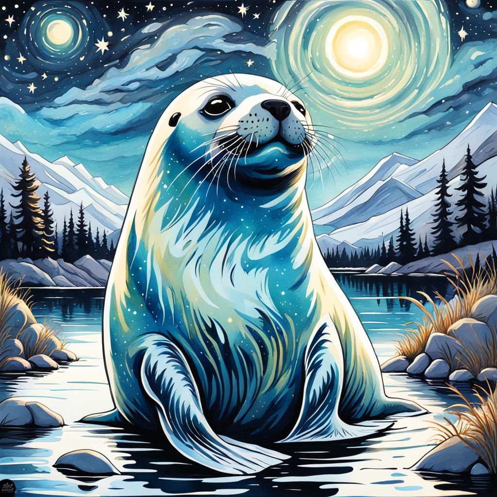 Bioluminescent Seal in Gothic Watercolor Style