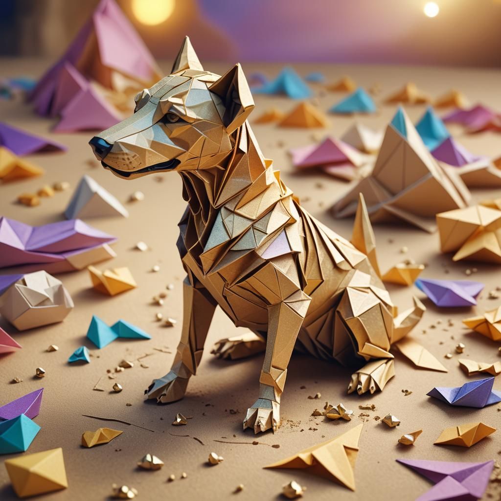 Origami Sand Dog Papercraft on Fantasy Desk