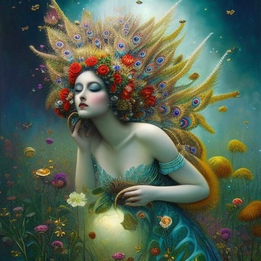 Peacock Goddess in Hyperdetailed Digital Painting