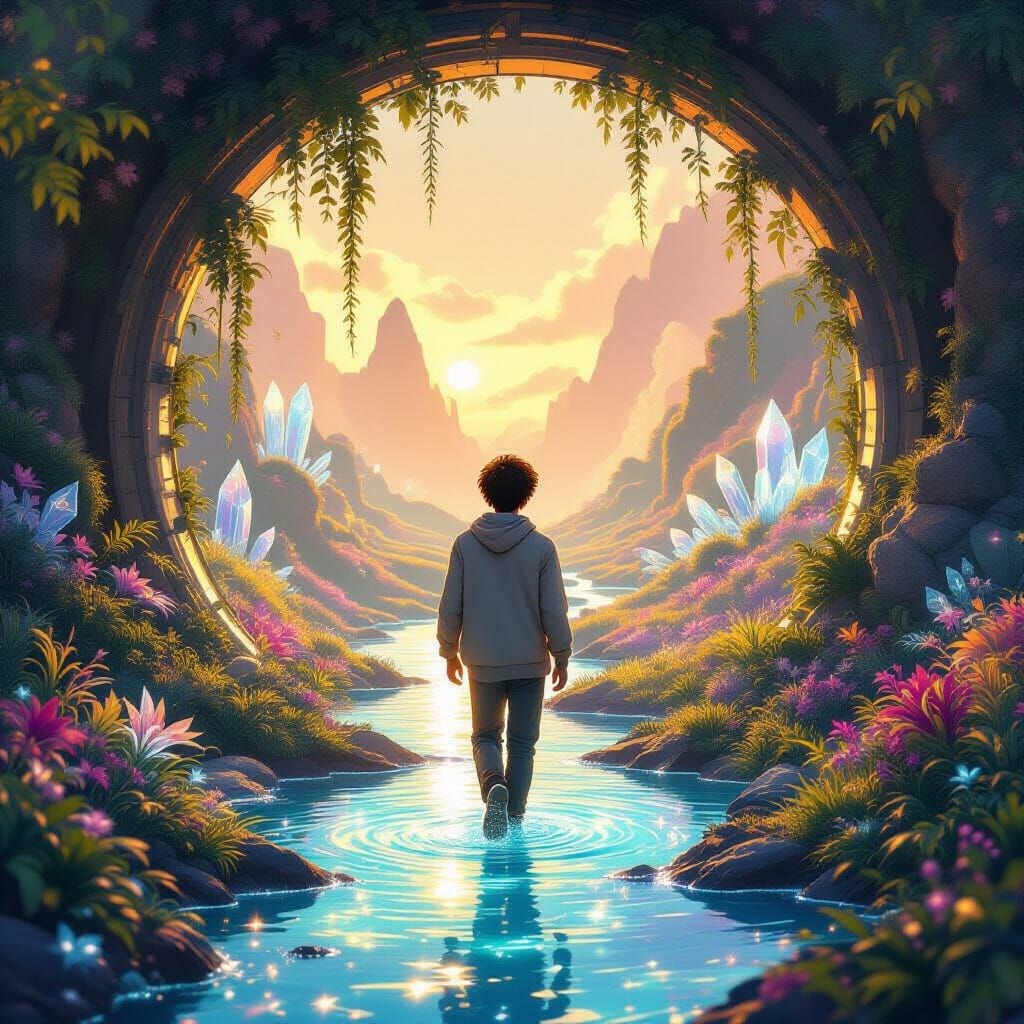 Man Enters Vibrant Magical Realm in Fantasy Concept Art Styl...