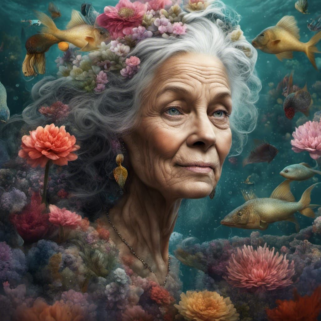Old Mermaid in a Sea of Flowers