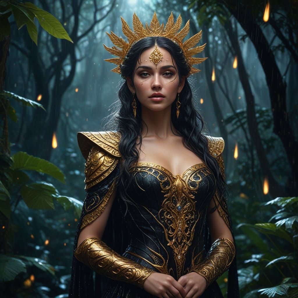 Nemesis Goddess in Starry Rainforest: Fantasy Oil Painting