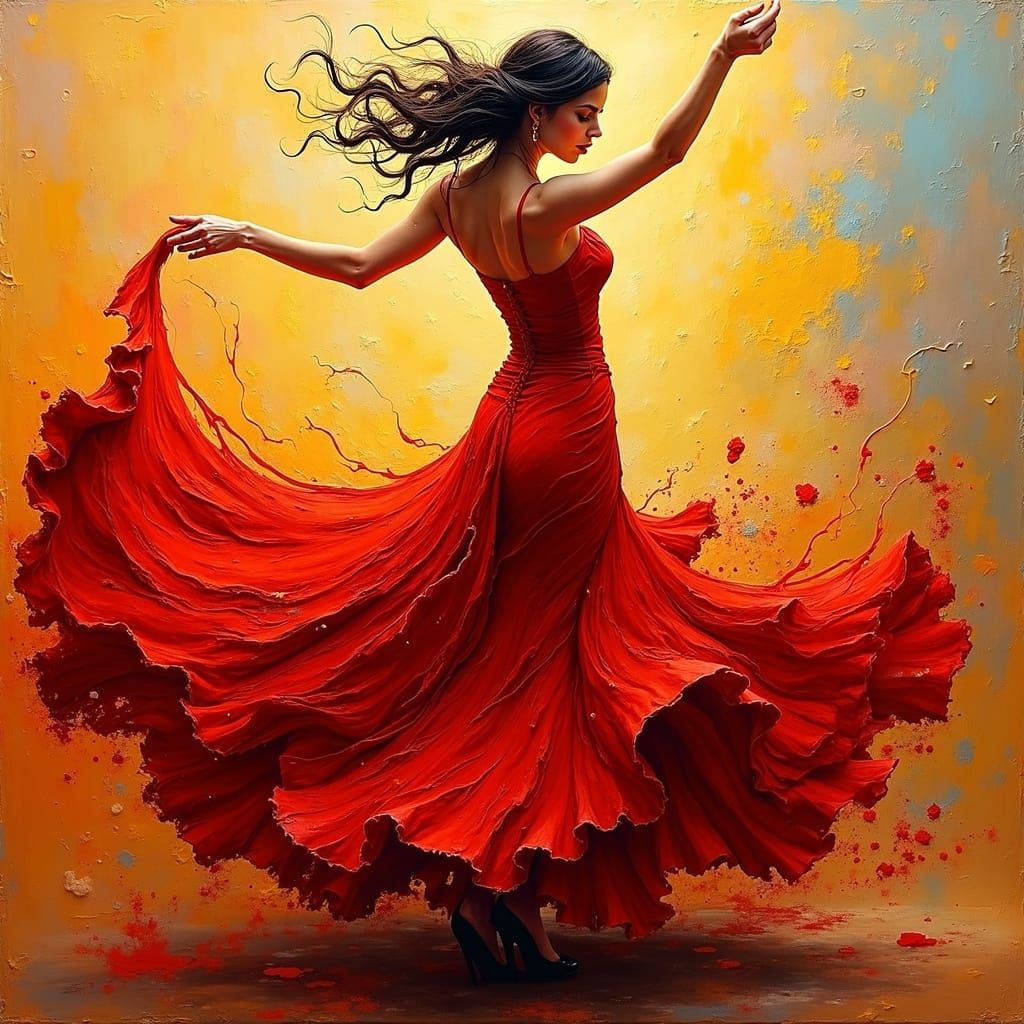 Spanish Dancer in Red Dress Impasto Painting