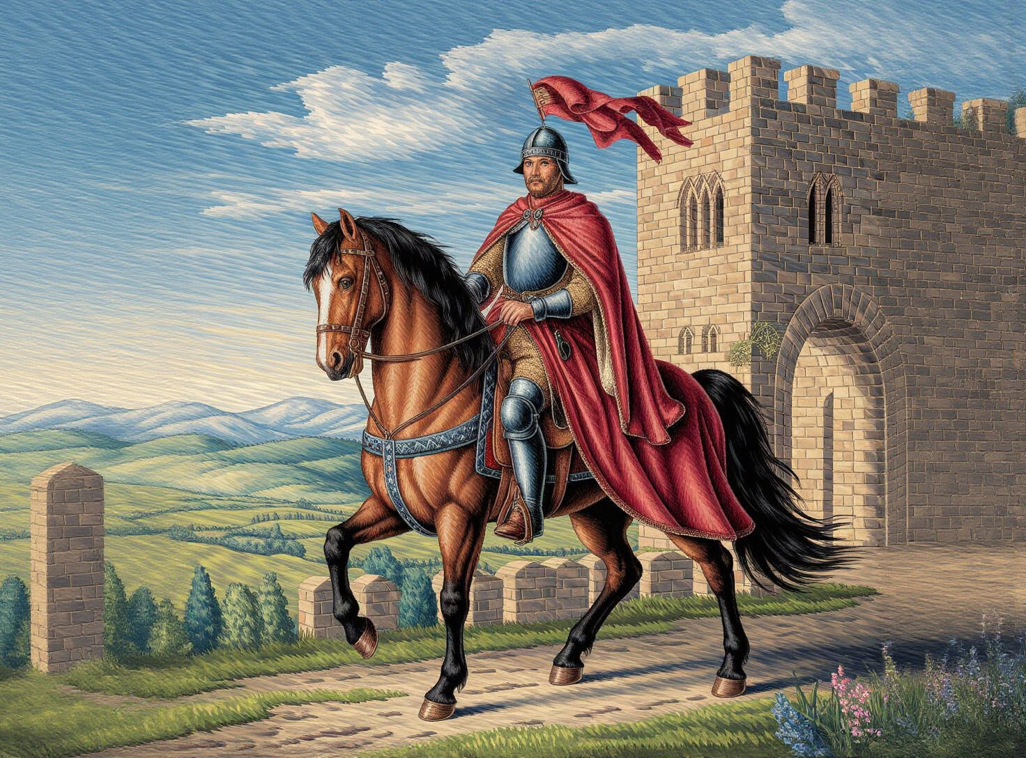 Pointillism Knight Rides Horse by Castle