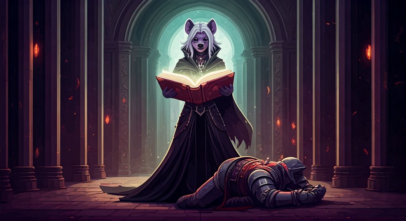 Hyena Witch Over Defeated Knight, 2D Cartoon Style