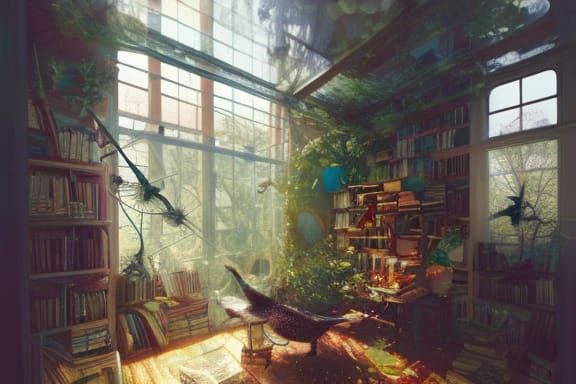 Cozy Ornithologist Treehouse Office, Detailed Digital Painti...