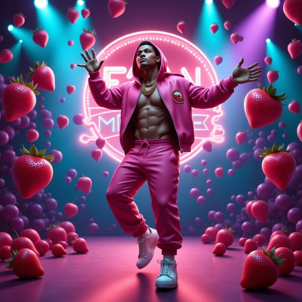 Muscular Strawberry Rapper Performs on Vibrant Stage