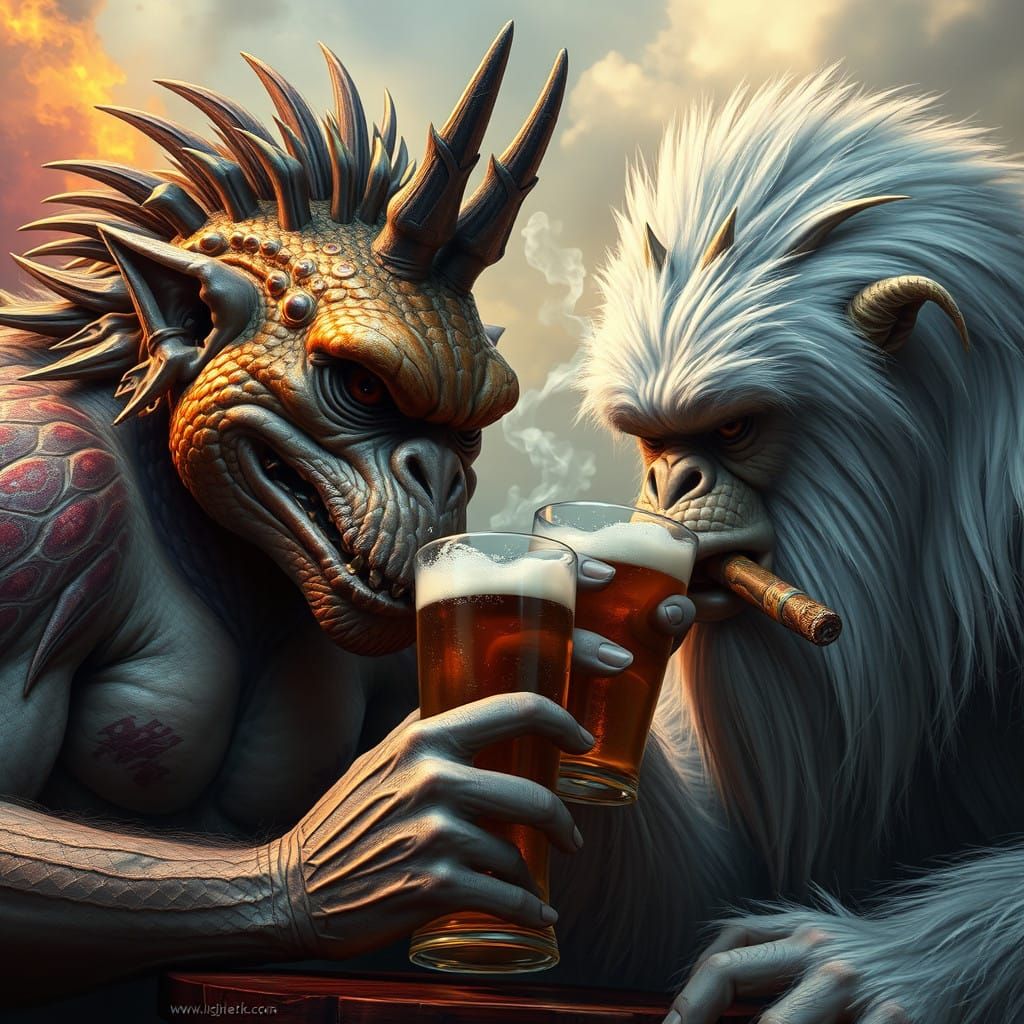 Mythical Creatures Share a Cigar and Beer in a Vibrant, Hype...