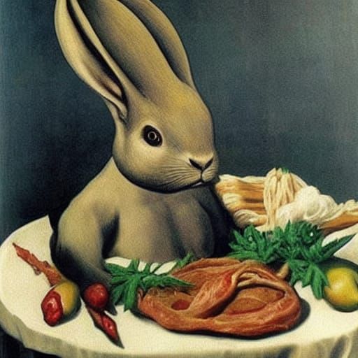 Surreal Alien Rabbit Market: Magritte and El Greco Style